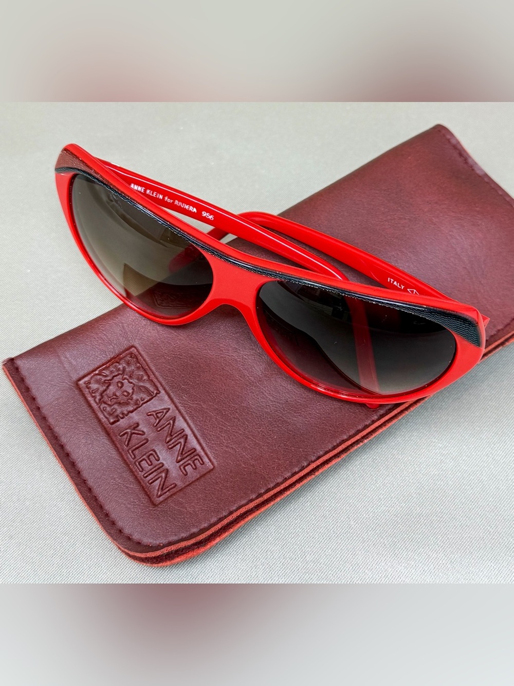 Vintage Anne Klein Riviera 956 Red Italian Sunglasses Smoke Lenses + Case
